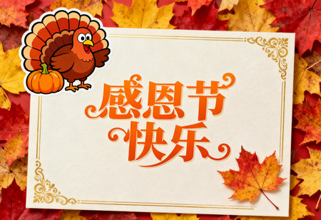 Thanksgiving greeting card with turkey and maple leaves on autumn background.の素材