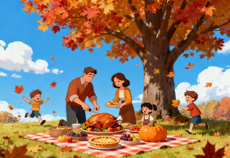 Happy family eating turkey at Thanksgiving day in the autumn park. Vector illustrationの素材