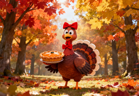 Cute turkey with pie in autumn park. Thanksgiving Day concept.の素材