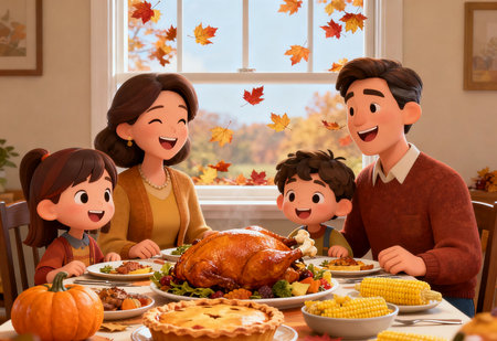 Thanksgiving day family dinner with turkey and autumn leaves on background.の素材