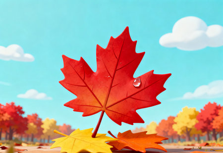 Autumn background with maple leaf and water drop. 3d illustrationの素材