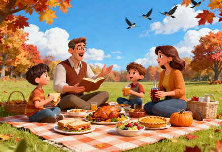 Happy family having picnic in autumn park. Thanksgiving day celebration concept.の素材