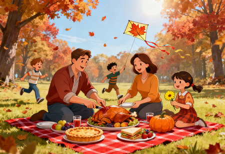 Happy family having a picnic in the autumn park. Thanksgiving day.の素材