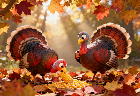 Two turkey and corn on autumn leaves background. Thanksgiving day concept.の素材