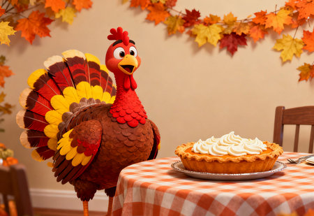 Thanksgiving turkey on a table with cake and autumn leaves in the backgroundの素材