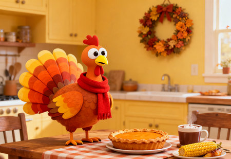 Cute turkey and homemade pie on the table in the kitchen.の素材