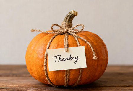 pumpkin with tag thank you on wooden table, thanksgiving conceptの素材