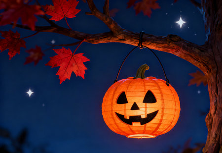 Halloween pumpkin lantern on a tree branch against the background of the night skyの素材