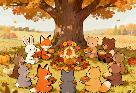 Cartoon Illustration of Cute Animals in the Autumn Forest.の素材