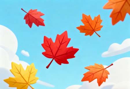 Autumn leaves flying in the blue sky. 3D illustration.の素材