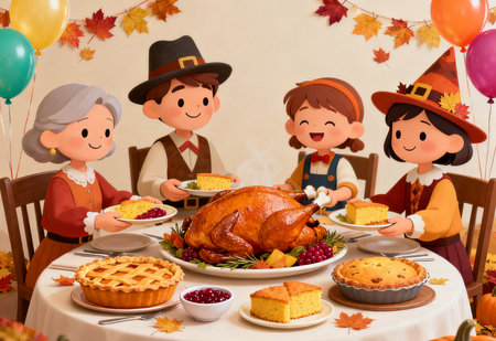 Thanksgiving dinner party with turkey and family - 3d illustration.の素材
