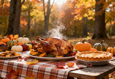 Thanksgiving day. Roasted turkey on wooden table with autumn leaves and pumpkins.の素材