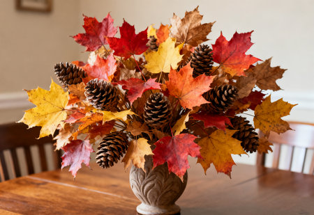 Autumn bouquet with pine cones and maple leaves on a wooden tableの素材
