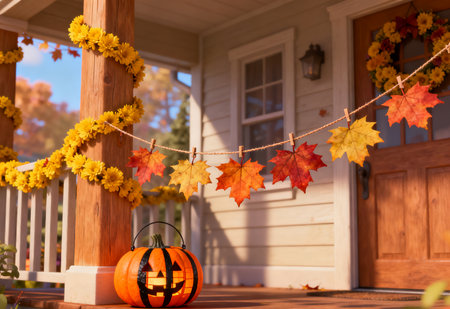 Halloween pumpkin with garland of autumn leaves on porch of houseの素材