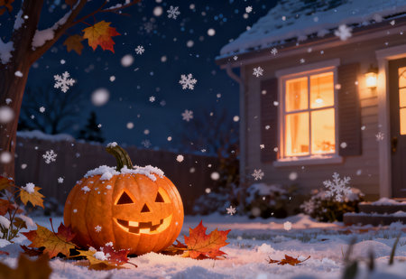 Halloween pumpkin on snow in front of house at night with falling snowの素材