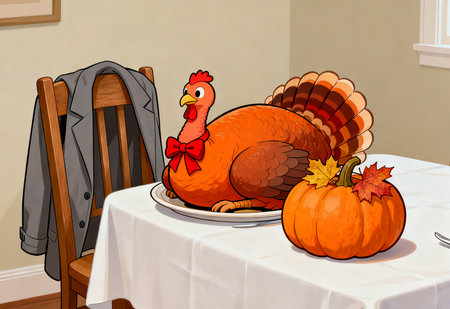 Thanksgiving turkey and pumpkins on the table. Vector illustration.の素材