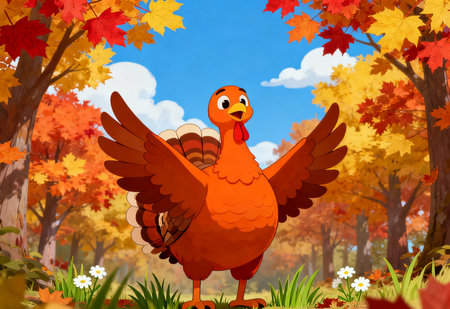 Cartoon turkey on the background of autumn forest. Vector illustration.の素材