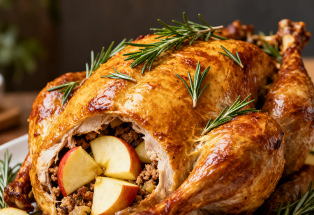 Baked whole chicken with apples and rosemary on wooden background.の素材