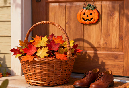 Wicker basket with autumn leaves and pumpkin in front of the doorの素材