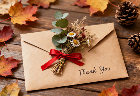 Envelope with a greeting card and flowers on a wooden backgroundの素材