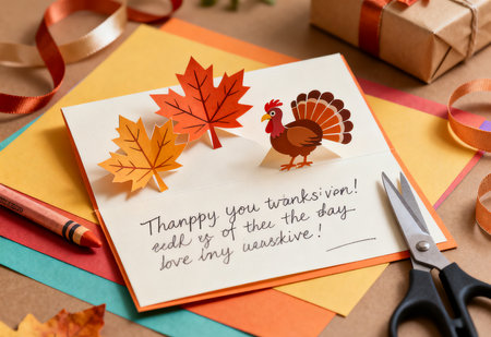 Thanksgiving greeting card with turkey and autumn leaves on the background.の素材