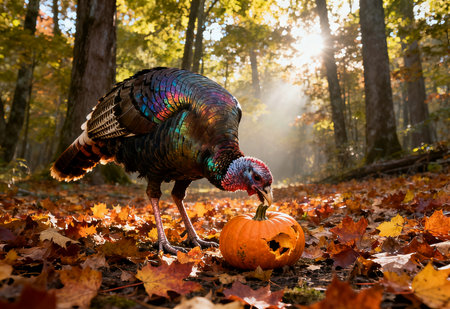 Male turkey with pumpkin on autumn leaves in forest. Halloween background.の素材