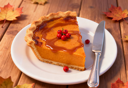 Piece of pumpkin pie on a white plate with a knife and a fork on a wooden backgroundの素材