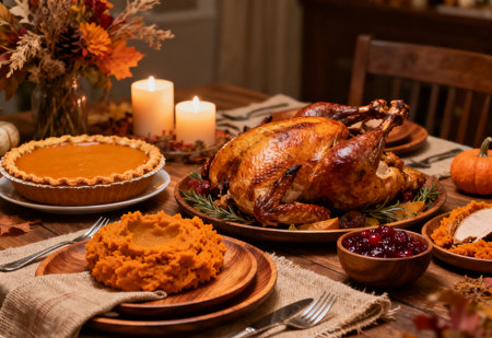 Thanksgiving dinner with roasted turkey, pumpkin and cranberry on wooden tableの素材