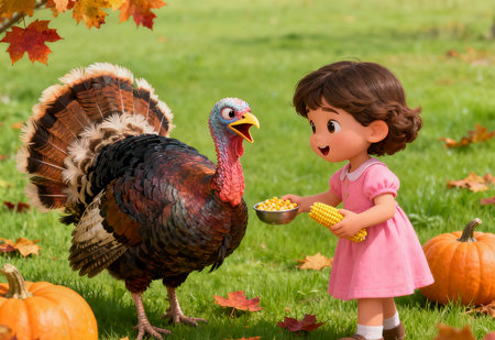 Cute little girl feeding a turkey with corn on a pumpkin patchの素材