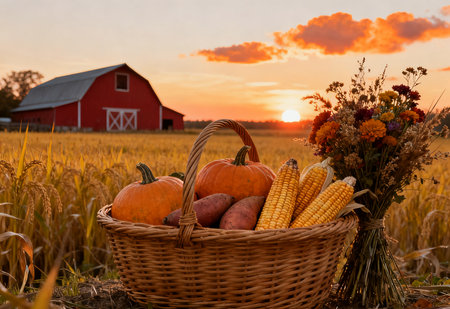 Basket with pumpkins and corn in front of red barn at sunsetの素材