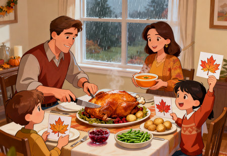 Thanksgiving dinner - family having Thanksgiving dinner at home, cartoon illustrationの素材