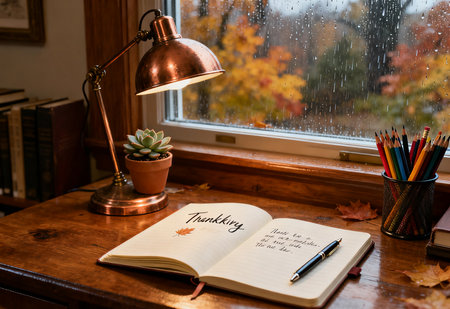 Autumnal concept. Notebook and pencils on the table by the window.の素材