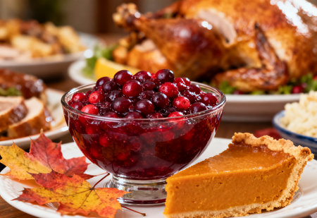 Thanksgiving table with turkey, cranberry and pie, selective focusの素材