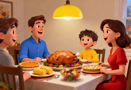 Happy family having Thanksgiving dinner at home. The concept of celebrating Thanksgiving.の素材