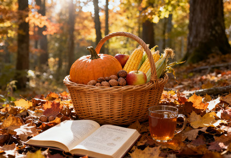 Autumn still life with a basket of food and a book in the forestの素材