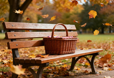 Picnic basket on a bench in the park during autumn season.の素材
