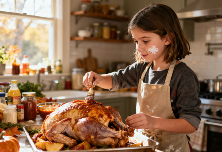 Cheerful little girl in apron cutting roasted turkey for Thanksgiving dinnerの素材