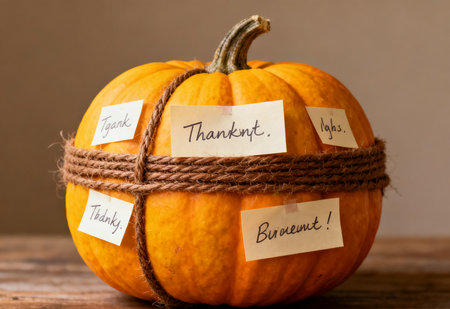 Pumpkin with tag of thanksgiving day on brown background.の素材