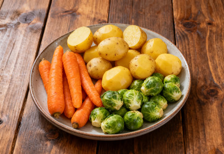 Vegetables and potatoes on a plate on a rustic wooden backgroundの素材