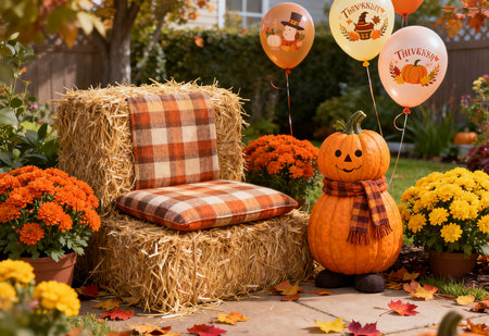Halloween decoration with pumpkins, chairs, pumpkins and flowersの素材