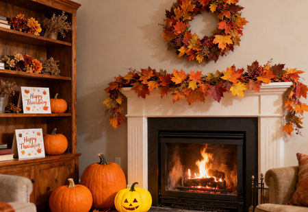 Halloween decoration with pumpkins and autumn leaves in front of fireplaceの素材