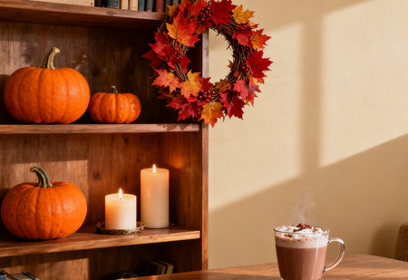 Pumpkin cup of hot chocolate with marshmallow on the wooden shelfの素材