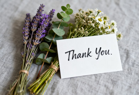 Bouquet of lavender flowers and card with thank you textの素材