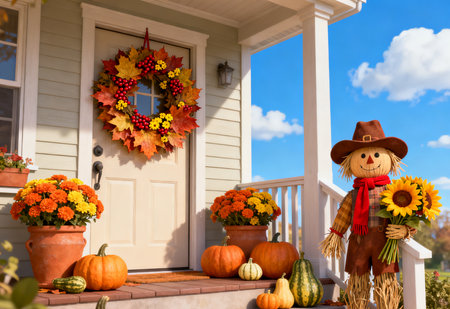 Autumn decoration on porch of house with scarecrow and pumpkinsの素材