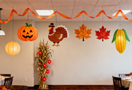 Halloween party decoration with pumpkins, turkey and autumn leaves.の素材