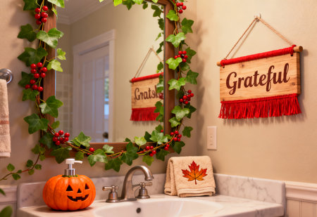 Halloween decoration in the bathroom with pumpkins and letters on the wallの素材