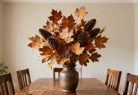 Autumn leaves in a vase on a wooden table in the kitchenの素材