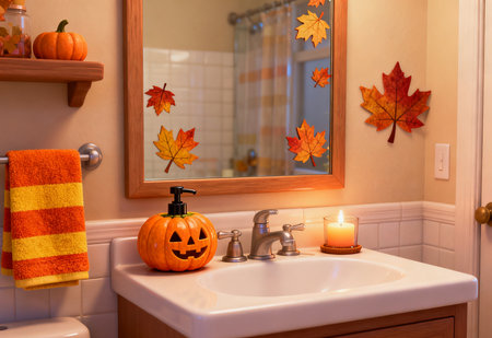 Halloween decoration with pumpkins, candles and autumn leaves in bathroomの素材