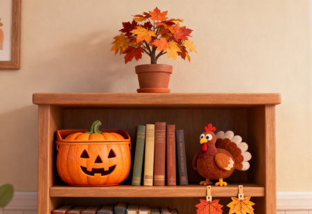 Halloween pumpkin on a wooden shelf with books and a turkey.の素材
