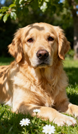 Golden Retriever lying in the grass in a sunny day.の素材